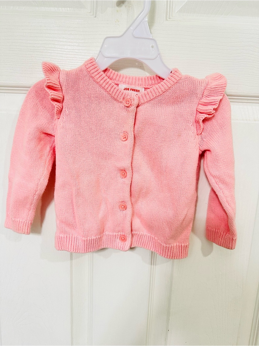 Joe Fresh Light Pink Ruffle Shoulder Knit Cardigan